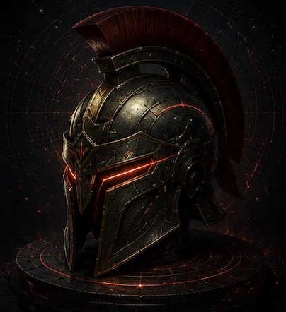 Ares represented by a dark metallic war helm